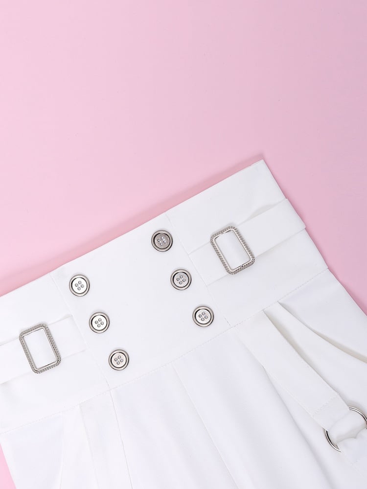High-Rise White Ouji Pants with Buttons and Buckles - DevilInspired Exclusive Collection
