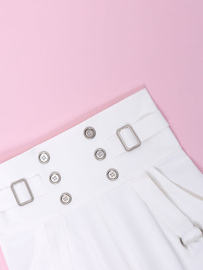High Waist White Ouji Pants with Buttons and Buckles - DevilInspired Exclusive Collection
