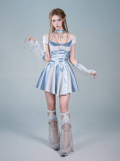Blue Y2K Satin Halter Neck A-Line Dress with Rhinestone - Virtual Orbit