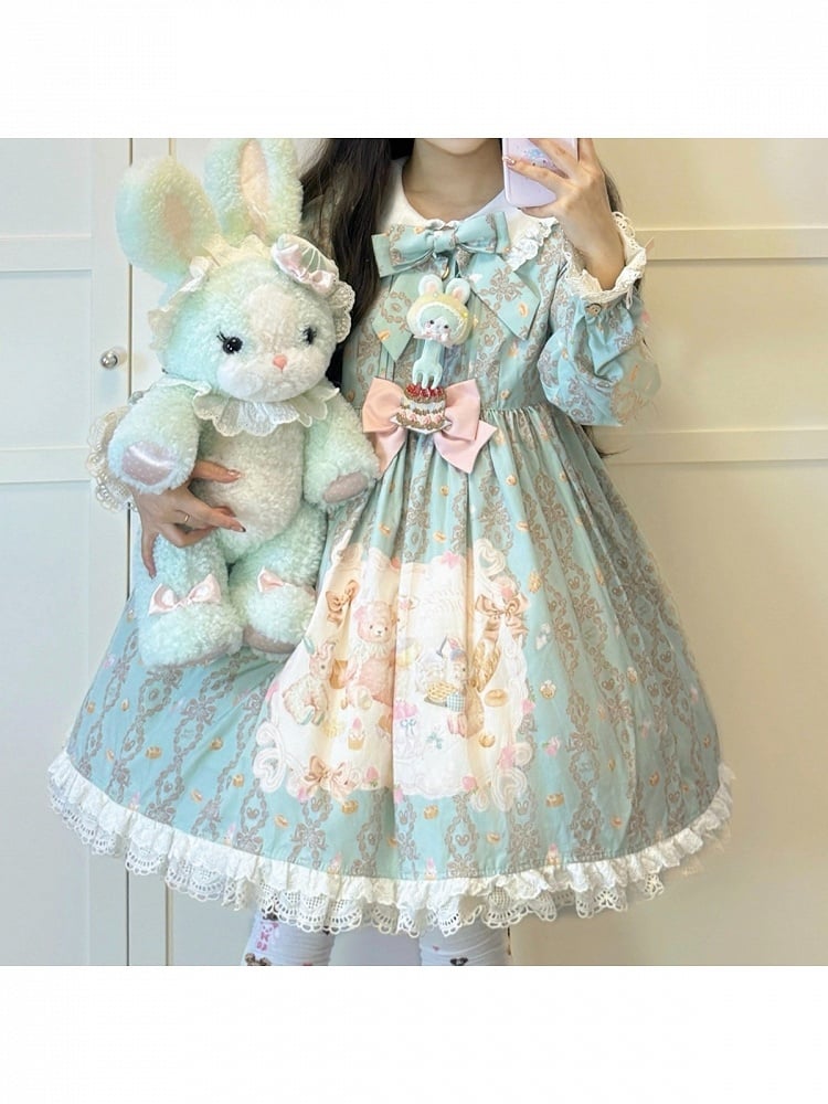 Mint Peter Pan Collar Long-Sleeve Bear Print OP Dress with Sash - Honey Village