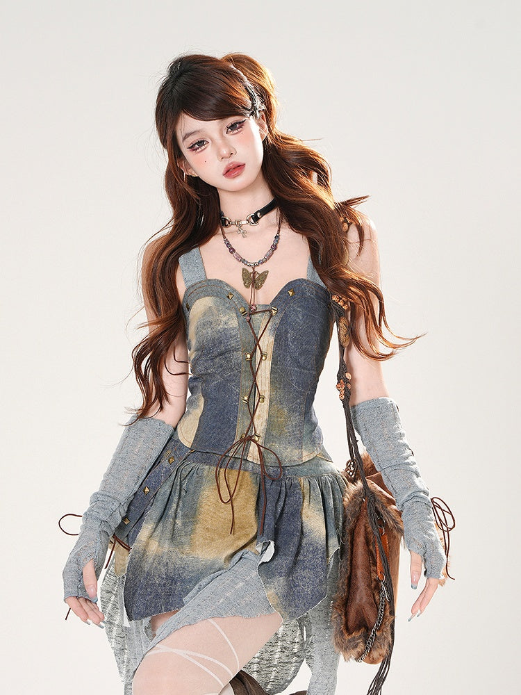 3点セット ブルー 油絵ピース レースアップフロント フード付きトップ +