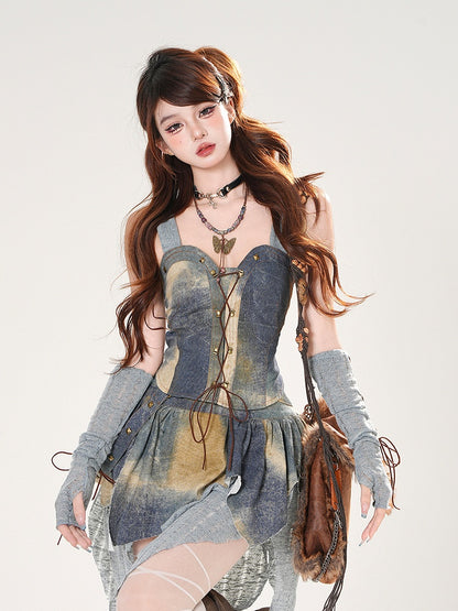 3点セット ブルー 油絵ピース レースアップフロント フード付きトップ +