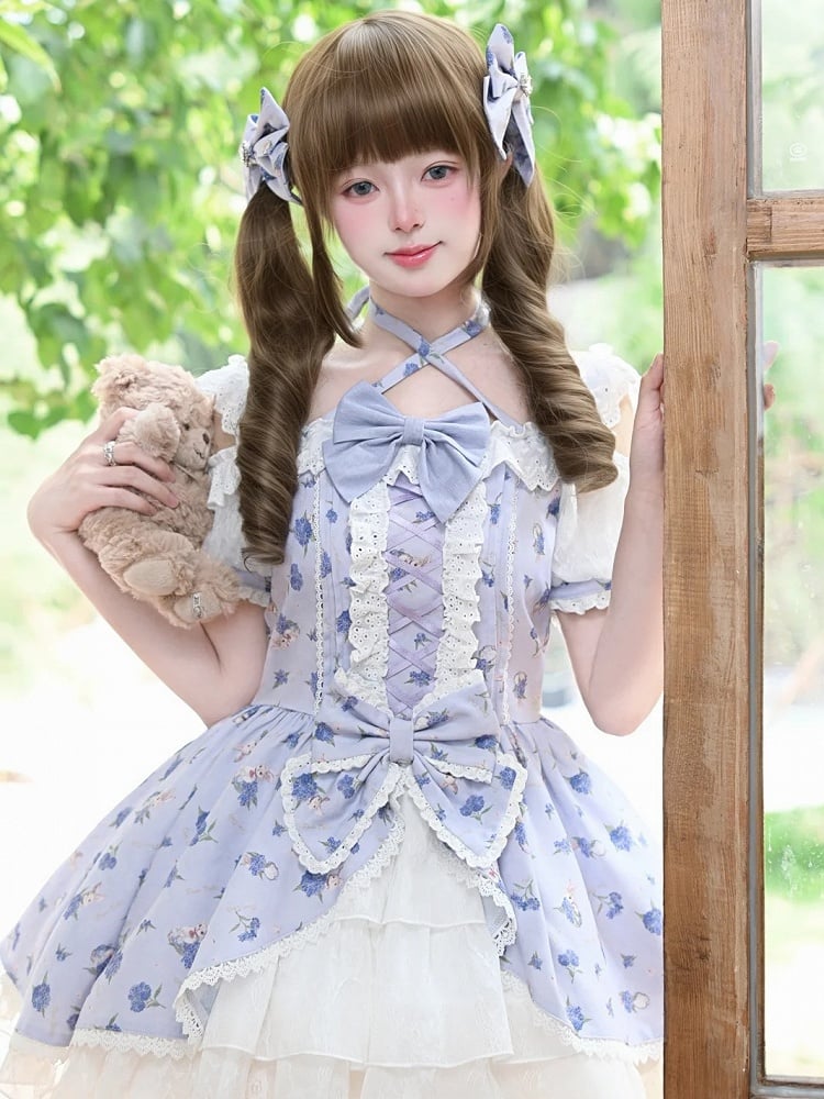 Hals Lila Hortensien Print Offene Schulter Neckholder Leicht OP Süßes Lolita Kleid