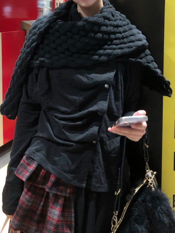 Front Placket Shawl Black Top with Scarf Asymmetrical Button Textured