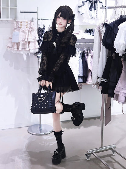 Jirai Kei Black Lace Long-Sleeve Dress with Shorts & Bow Tie Three-Piece Set - Ekomi