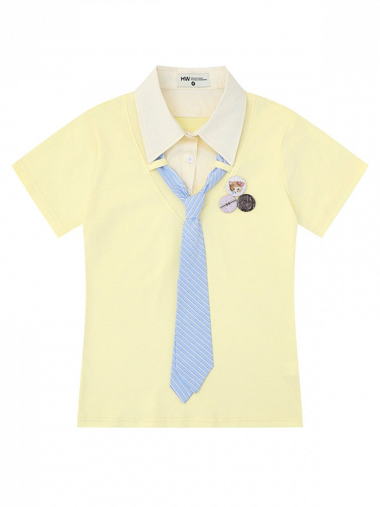 Preppy Fake Two-Piece Turn-Down Collar Short Sleeve Top in Apricot with Stripe Tie and Badges - Languid Park