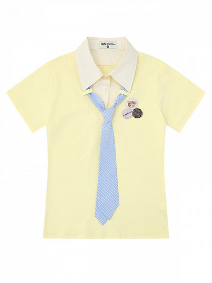 Preppy Fake Two-Piece Turn-Down Collar Short Sleeve Top in Apricot with Stripe Tie and Badges - Languid Park