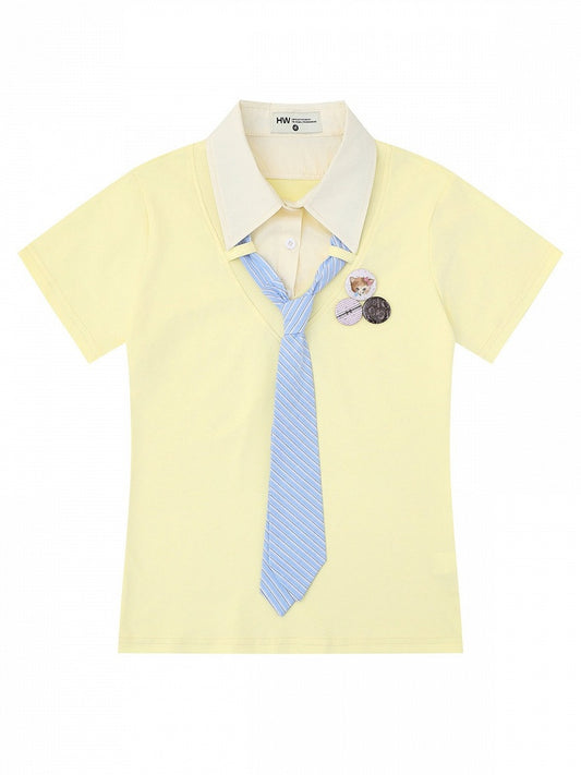 Preppy Fake Two-Piece Turn-Down Collar Short Sleeve Top in Apricot with Stripe Tie and Badges - Languid Park