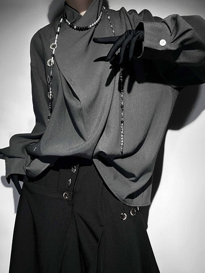 Button Collar Asymmetrical Placket with Gray Single Crossover Shirt Design