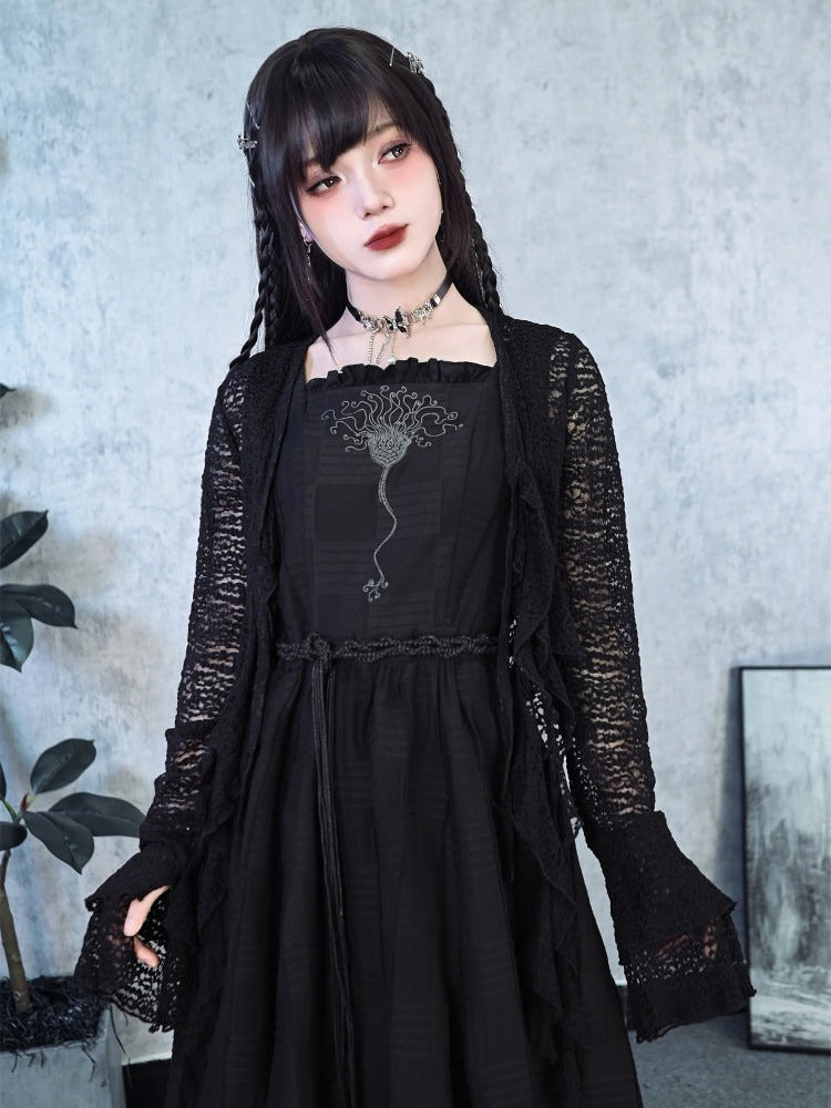 Black Square Neck Sleeveless Dress Sea Lily Embroidery