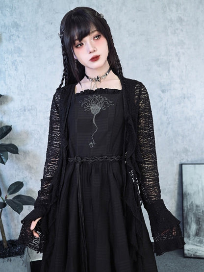 Black Square Neck Sleeveless Dress Sea Lily Embroidery