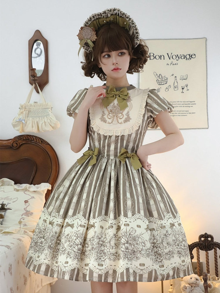 Version Lolita Embroidery Bodice Floral Pattern One and Brown Bowknot Short Striped Piece Classic