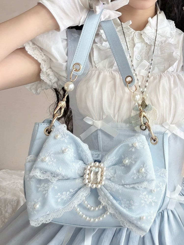 Blue Sweet Lolita Satin Underarm Bag with Crystal Bow - Sheep Puff Bag