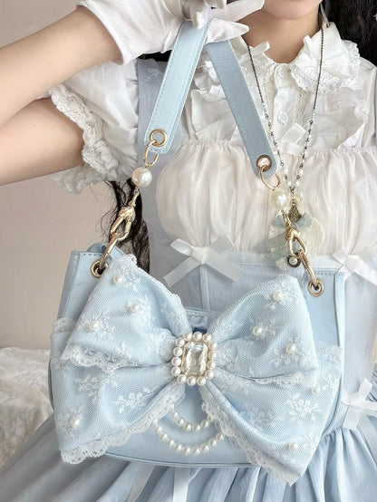 Blue Sweet Lolita Satin Underarm Bag with Crystal Bow - Sheep Puff Bag