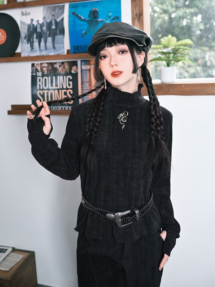 Cheongsam Collar Cuff Dye with High Snake Gradient Thumbhole Top Embroidery Black