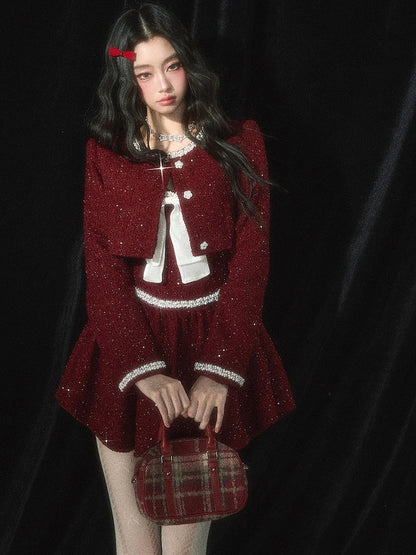 Christmas Red Bead Details Tweed Cropped Jacket