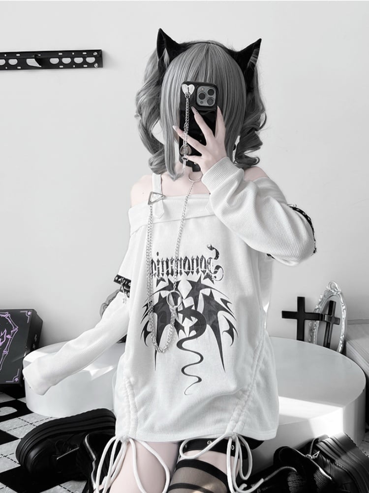 Weißes Punk-Top mit schulterfreiem Ausschnitt und Kordelzug