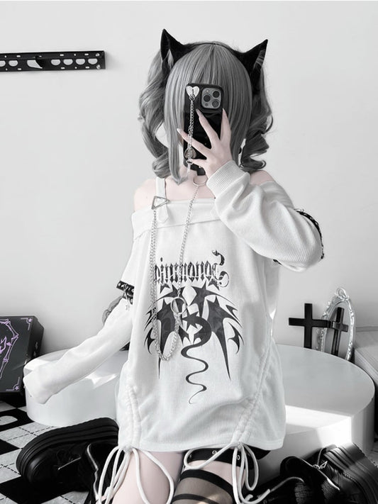 Weißes Punk-Top mit schulterfreiem Ausschnitt und Kordelzug