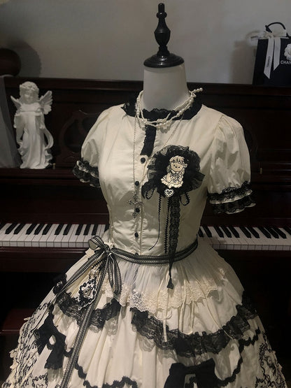 Lolita with Black Sleeves White Trims Elegant Lace Puff Blouse