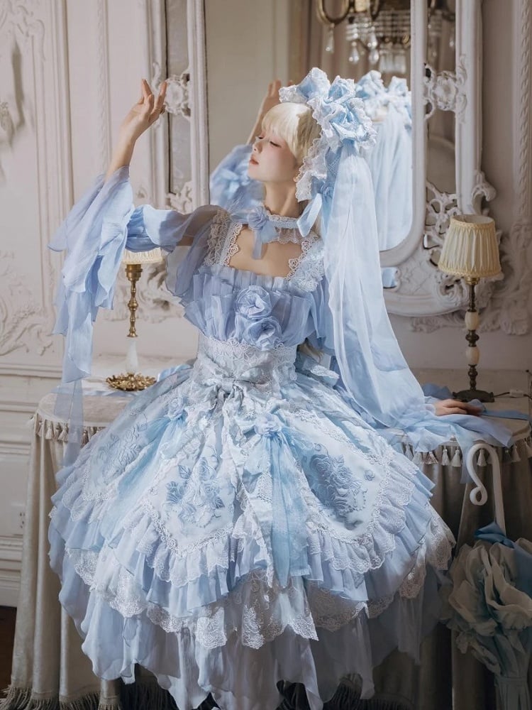 Dress Blue Accents Lolita Version JSK Rose Short Hanayome Layered Ruffles Flowing Light with
