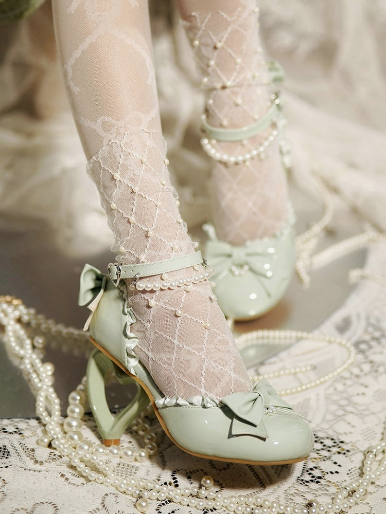 in Leather Sophisticated Chain Sandals Ornate Bead PU Heels Heart Green and Heel Detachable with