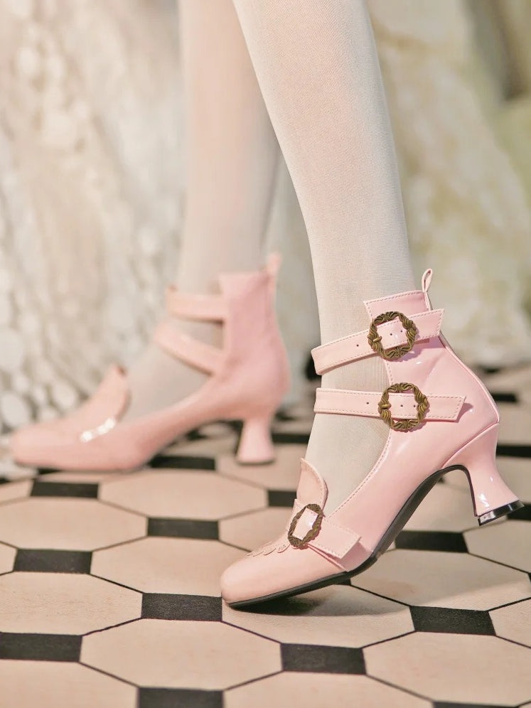 Design Motifs Mary Pink Rose Janes with Elegant Lolita Tri-Buckle