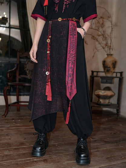 Chinese Print Gothic Black Drawstring Cuffs Talisman Red Pants Sash Wide-leg And With