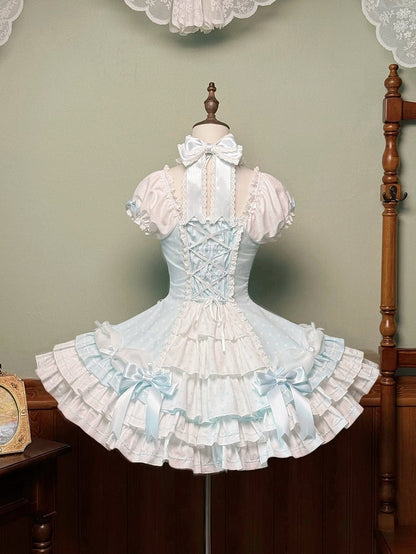 Dot Blue Lolita Neck Old Halter School Sleeves Versatile Dress Polka with Puff