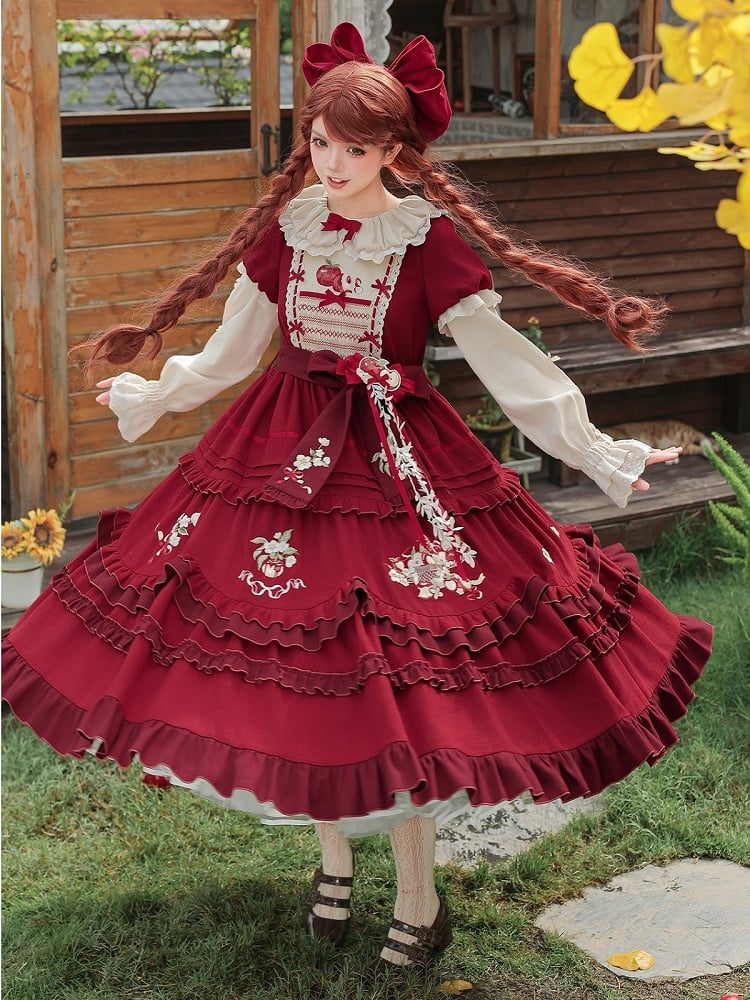 Wine Red Apple Embroidered OP Dress Set with Peter Pan Collar, Long Sleeves, Ruffle Trim, Belt, Brooch & Bow Hairclip - With PUJI