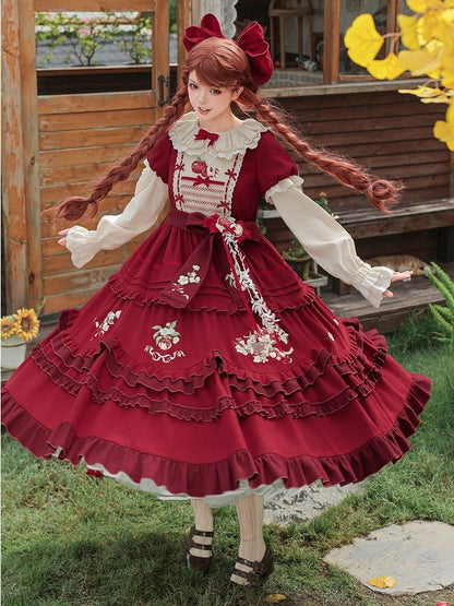 Wine Red Apple Embroidered OP Dress Set with Peter Pan Collar, Long Sleeves, Ruffle Trim, Belt, Brooch & Bow Hairclip - With PUJI