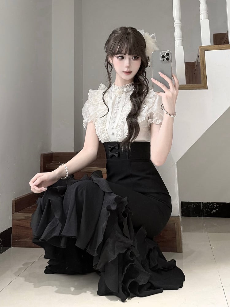 Beige Blouse & Black Mermaid Skirt Boned Waist Elegant Lolita Dress - With PUJI