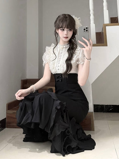 Beige Blouse & Black Mermaid Skirt Boned Waist Elegant Lolita Dress - With PUJI