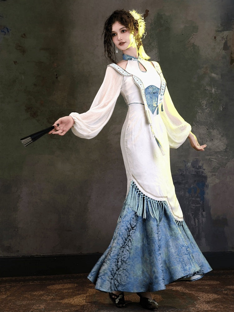 Elegant Blue & White Jacquard Long Cheongsam Gown with Cutout Accents - sijinstudio