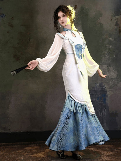Elegant Blue & White Jacquard Long Cheongsam Gown with Cutout Accents - sijinstudio