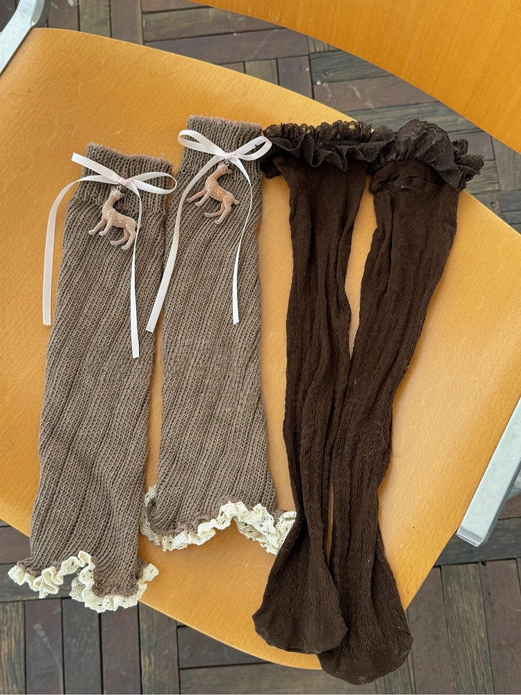 set Deer Ruffled Knit Embellished + Socks Leg Warmers Lace