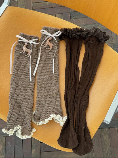 set Deer Ruffled Knit Embellished + Socks Leg Warmers Lace