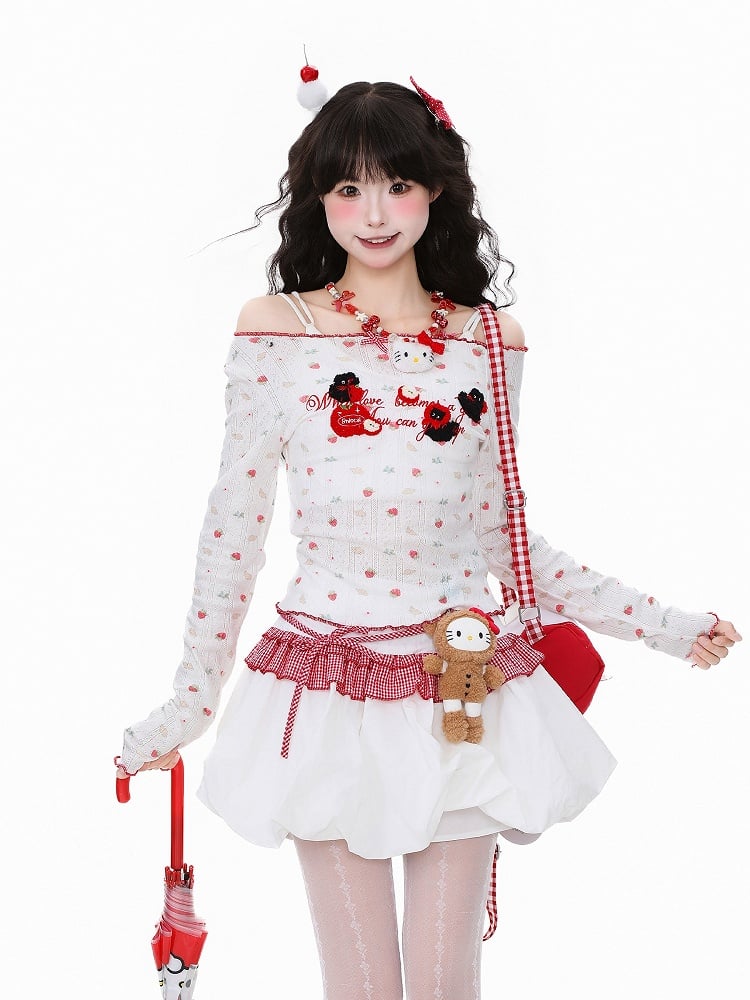 Cherry Adorable Off-Shoulder with White Print Embroidery Top Knit Semi-Sheer