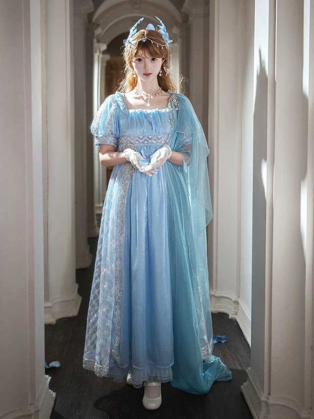 Maxi Lolita Dress Shimmering Rhinestone Blue Details and Sequin Elegant with Waist Empire