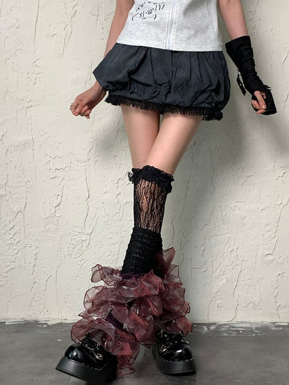 Y2K Lace Multi-layered BlackRed Sleeves Leg Trim