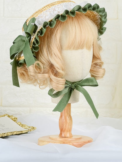 Green Straw Lace Lolita Detail Country Bow Hat