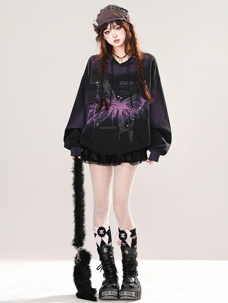 Black/Red Butterfly Tie Dye Loose Hoodie