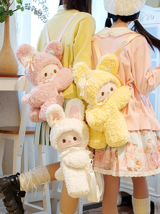 Pink Rabbit Bowknot Lace Details Plush Backpack Middle/Large Size