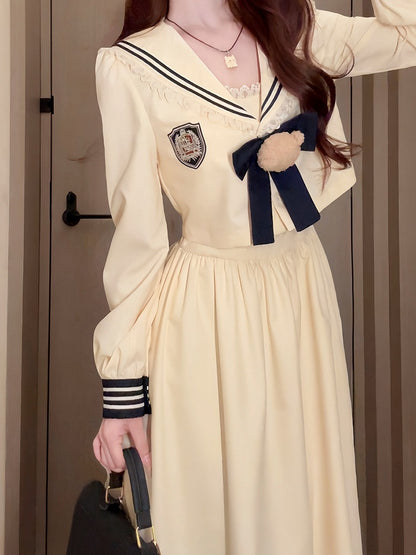 Blue Lolita Long-Sleeve Maxi Beige + Dark Top Dress Collar Set Sailor