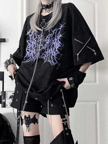 T-Shirtwith Gothic Loose ChainPurple Black Detachable Thorn Print
