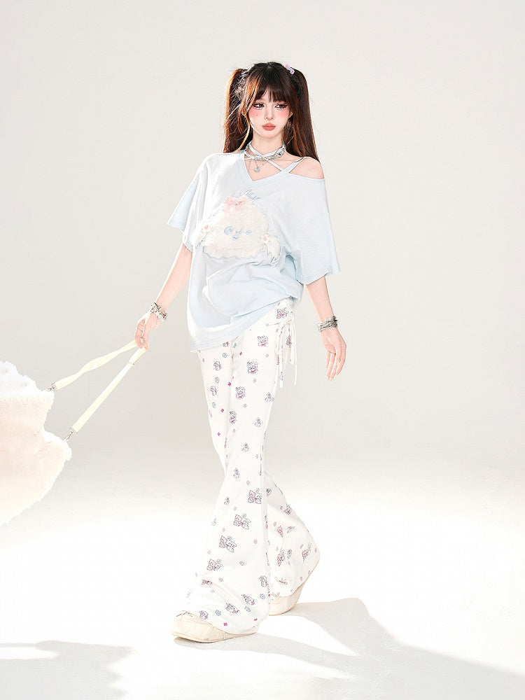 Adorable Bear and Bunny Print Drawstring Design Side White Glamorous Flared Pants