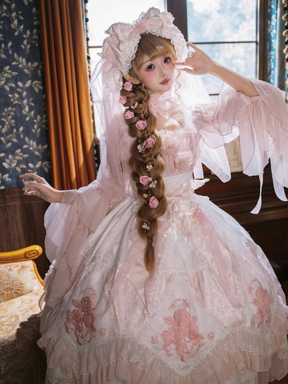 Ruffles Hanayome Light Dress Pink Version Accents with Layered Flowing JSK Lolita Rose Long