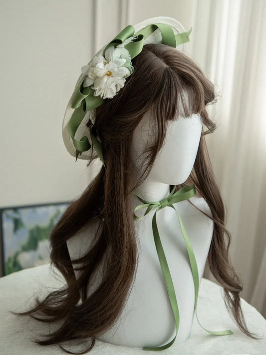 and Flower Decorated Ribbon Creamy Green White Hat