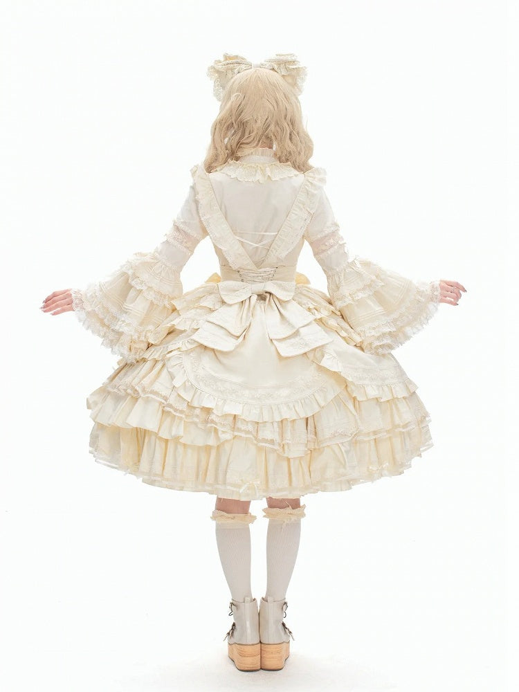 Akzentkleid Beige, mehrlagiger Saum unter Rüschen, süßes Lolita-Kleid mit Schleife an der Brust