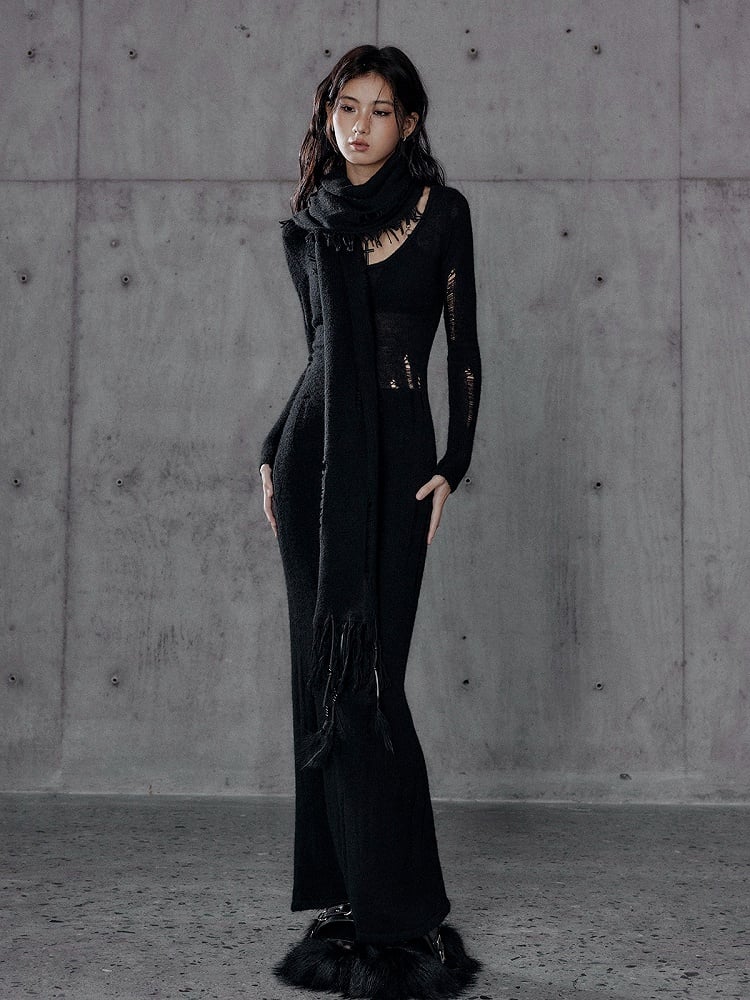 Black Long Sleeve Distressed Dress with Cutout Cross Back - Low pixel