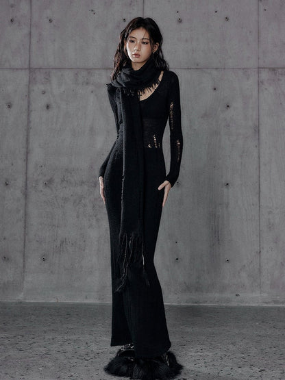 Black Long Sleeve Distressed Dress with Cutout Cross Back - Low pixel